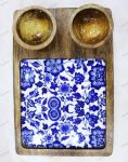 Wood Serving Platter with 2 Bowls - Blue