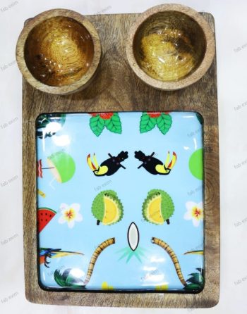 Wood Serving Platter with 2 Bowls - Caribbean
