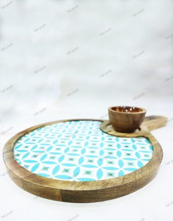 Round Wood Tray with Bowl - Blue